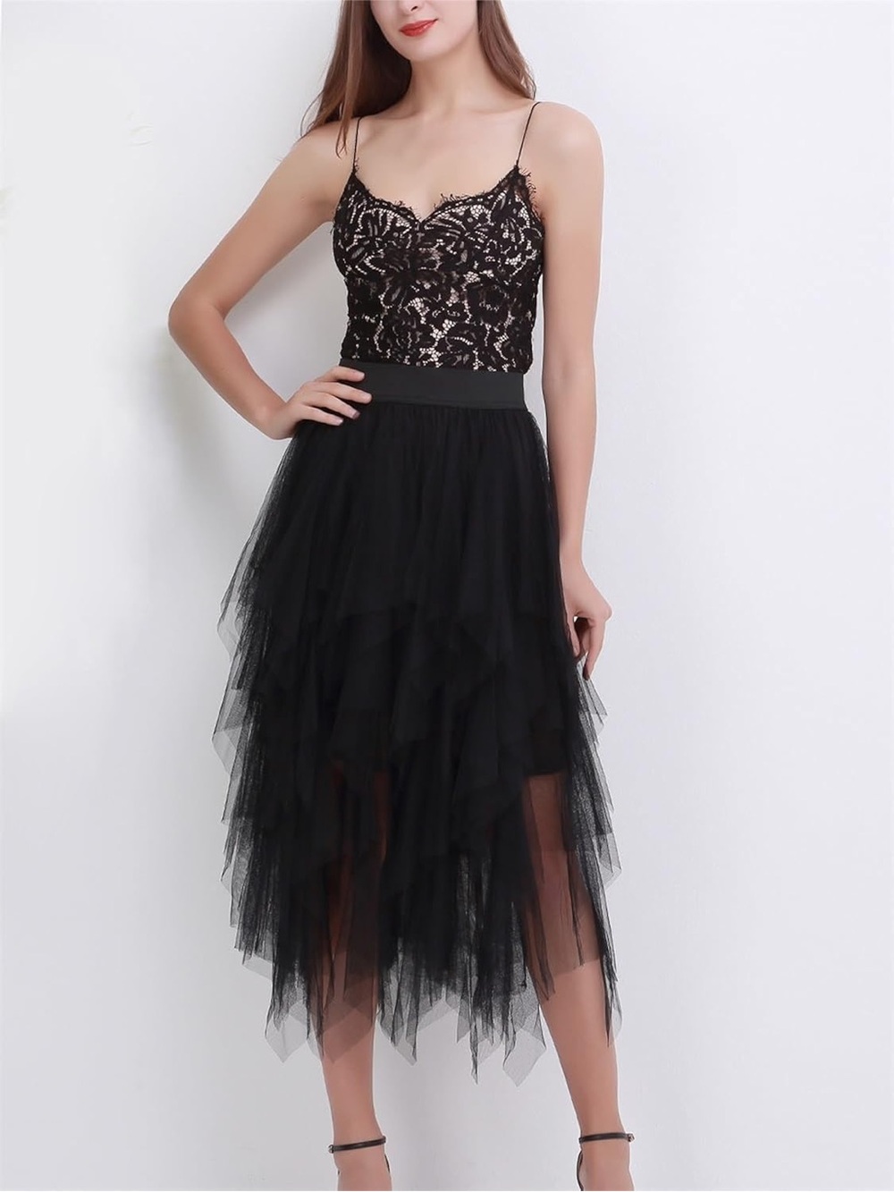 Amazon Tiered High-Low Tulle Skirt Black Womens Medium